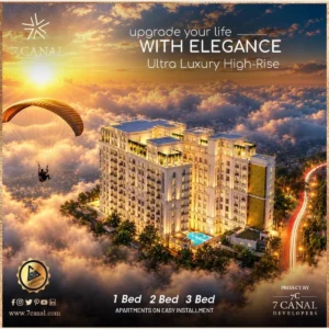 7 Canal ultra luxury high-rise lit up above the clouds at sunset