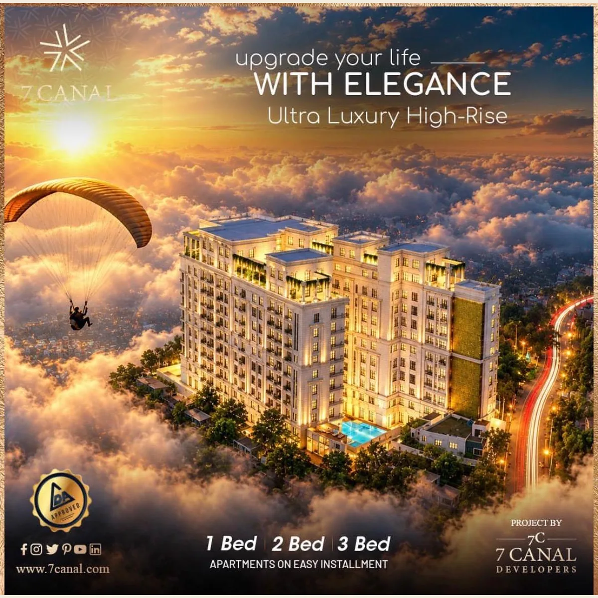 Home 7 Canal ultra luxury high-rise lit up above the clouds at sunset