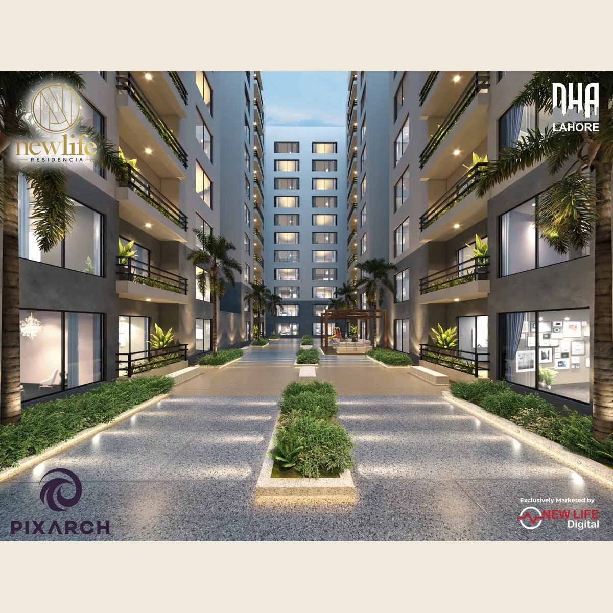 Projects New Life Residencia courtyard between the apartment blocks