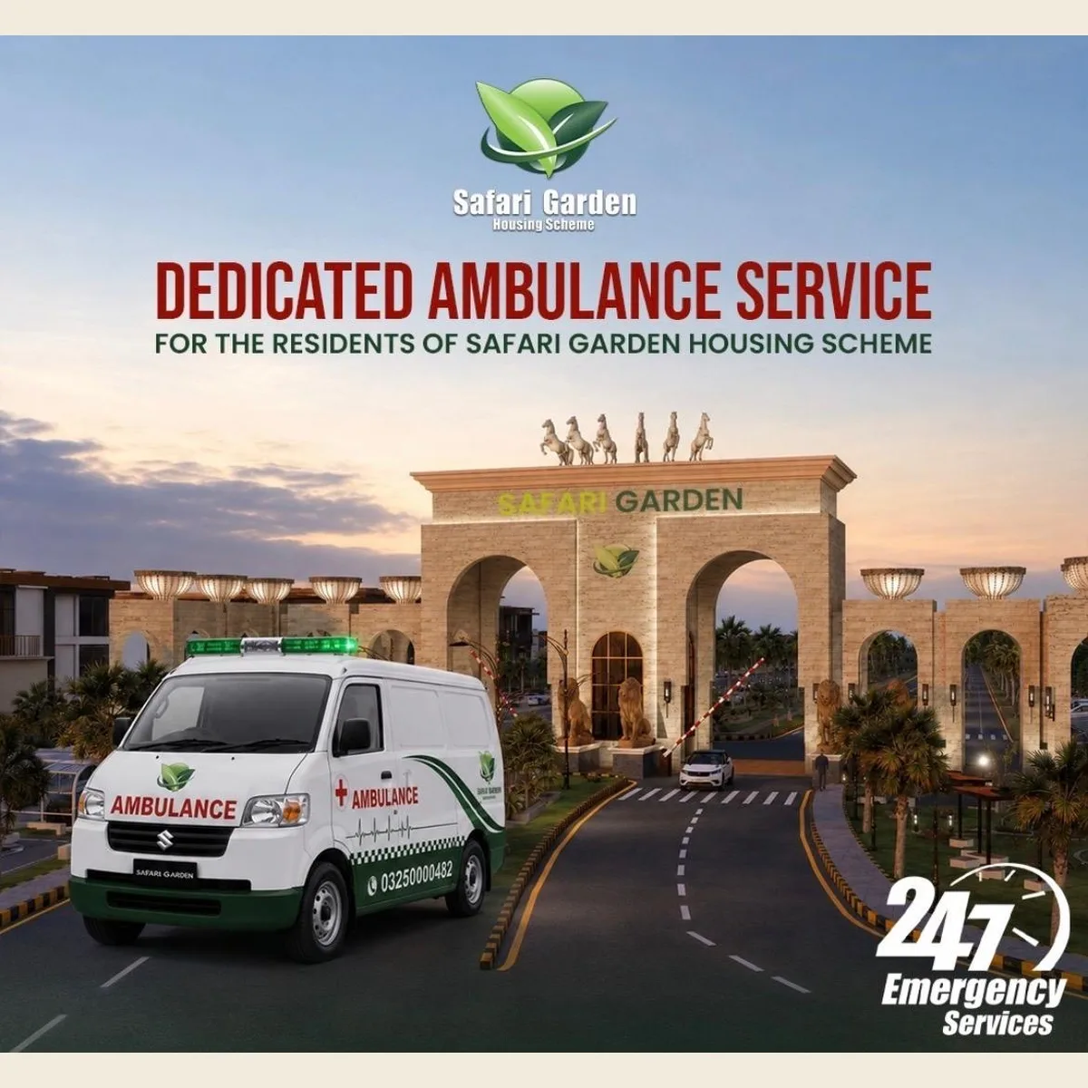 Projects Safari Garden Housing Scheme gate with the dedicated 24/7 ambulance