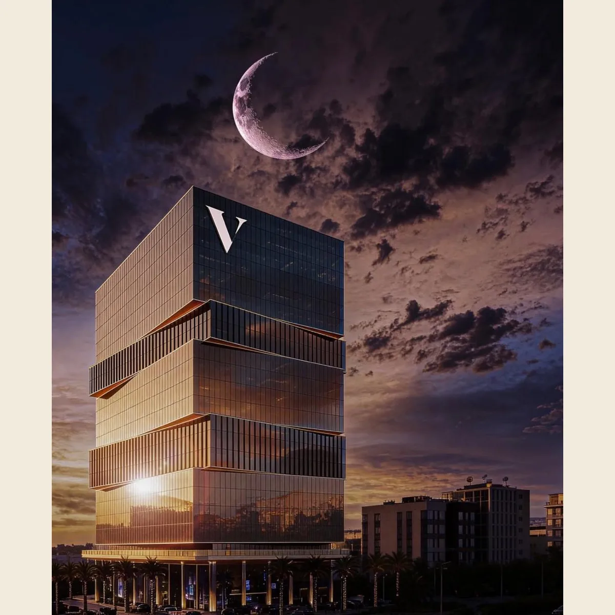 Projects Glass office tower by The Vertical Developers at dusk